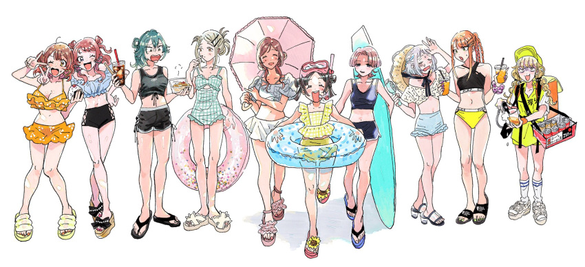 6+girls ^_^ arimura_mao arm_around_shoulder bare_legs baseball_jersey bikini blush braid breasts cleavage closed_eyes commentary_request crossed_legs cup disposable_cup dolphin_shorts everyone false_smile flip-flops food food_on_face fujita_kotone full_body gakuen_idolmaster goggles goggles_on_head hanami_saki hanami_ume handheld_electric_fan hat hat_on_back highres himesaki_rinami hip_vent holding holding_surfboard holding_swim_ring holding_umbrella idolmaster jersey kate_zzz katsuragi_lilja kuramoto_china mismatched_bikini multiple_girls nail_polish navel onigiri pink_umbrella sandals scrunchie shinosawa_hiro shiun_sumika shorts siblings simple_background sisters smile stomach straw_hat surfboard sweat swim_ring swimsuit toenail_polish toenails toes tsukimura_temari twin_braids umbrella uriko_(baseball) v watson_cross white_background wrist_scrunchie