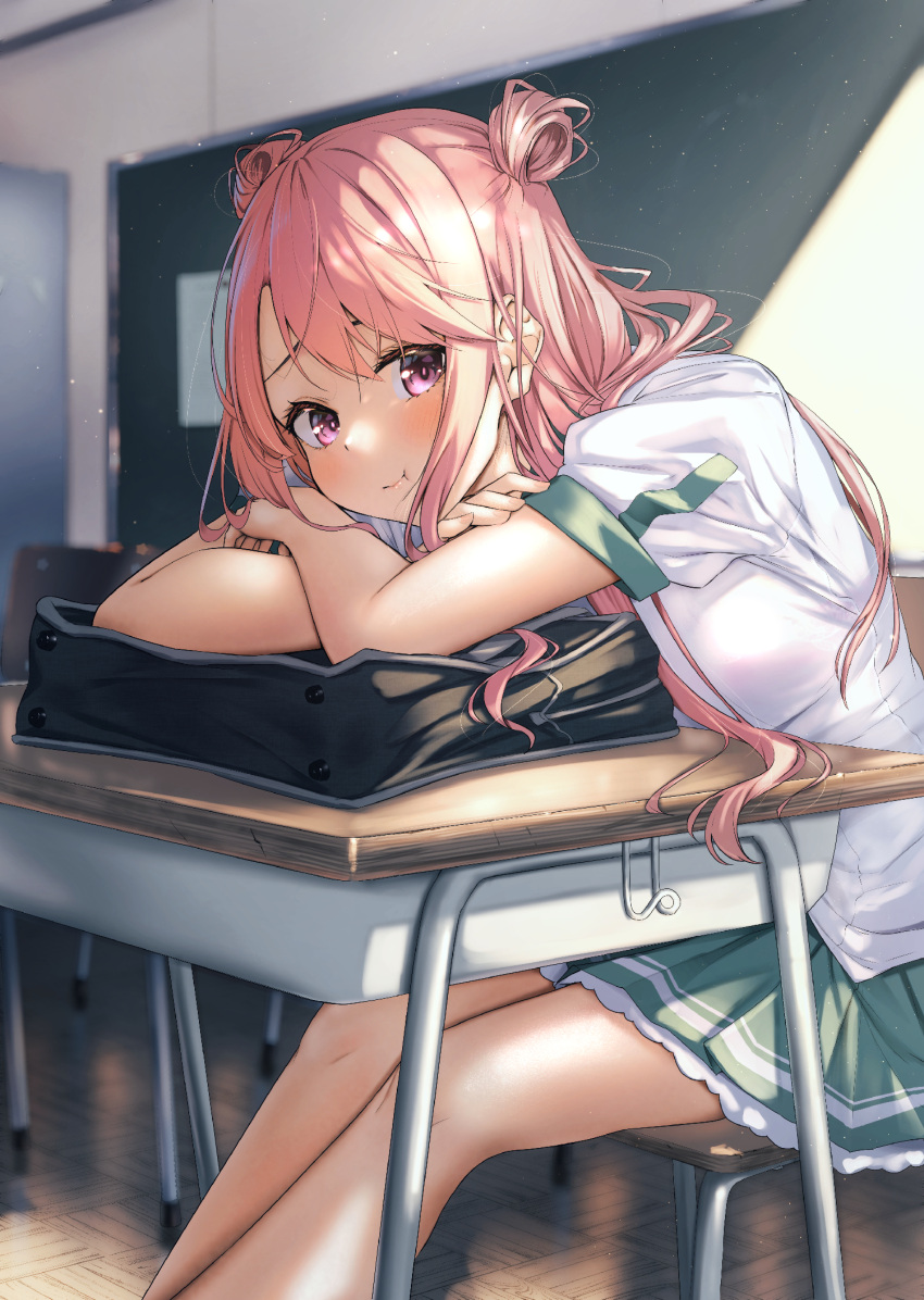 arm_pillow arms_on_table blush breasts desk double_bun female frilled_skirt frills green_skirt hair_bun head_on_arm highres large_breasts long_hair looking_at_viewer on_chair original pink_hair pleated_skirt purple_eyes sahara386 school_desk shirt short_sleeves sitting skirt solo white_shirt