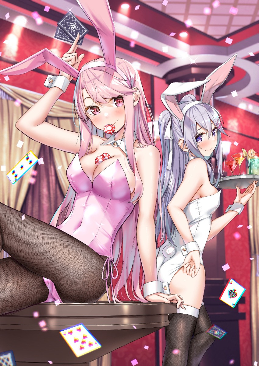 2girls animal_ears bare_shoulders black_pantyhose black_thighhighs blush breasts card covered_navel cup drinking_glass fake_animal_ears floating_card grey_hair highres holding holding_card holding_tray indoors large_breasts leotard long_hair looking_at_viewer looking_back medium_breasts mouth_hold multiple_girls original pantyhose pink_eyes pink_hair pink_leotard playboy_bunny poker_chip purple_eyes rabbit_ears rabbit_tail sahara386 sitting strapless strapless_leotard tail thighhighs tray white_leotard wrist_cuffs