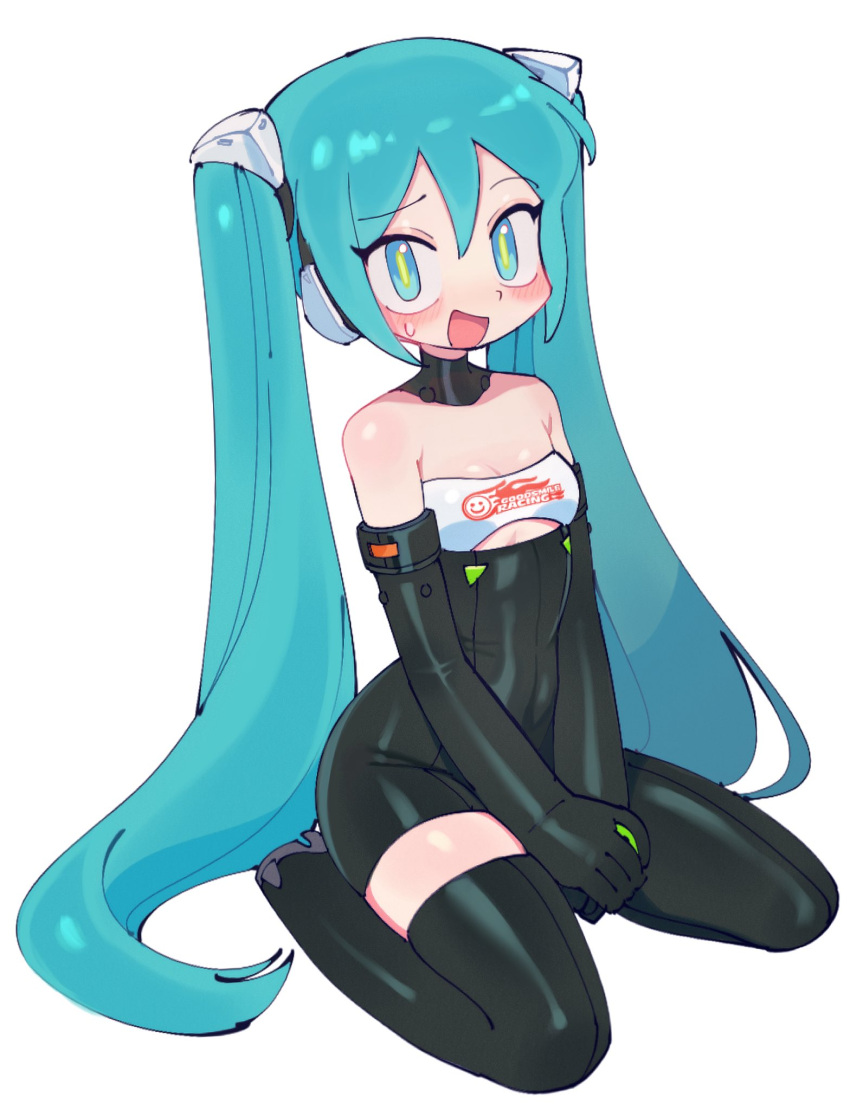 :d aqua_eyes aqua_hair batrobin_k black_footwear black_thighhighs bodysuit boots breasts cleavage commentary_request female goodsmile_racing hair_between_eyes hatsune_miku highres korean_commentary long_hair no_jacket racing_miku racing_miku_(2022) simple_background sitting small_breasts smile thigh_boots thighhighs twintails vocaloid wariza white_background zettai_ryouiki