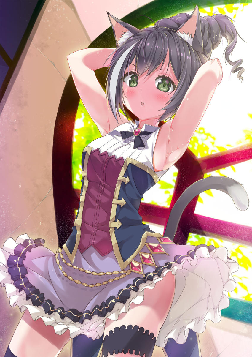 :o absurdres animal_ear_fluff animal_ears armpits arms_up bare_arms bare_shoulders black_hair blush breasts cat_ears cat_girl cat_tail commentary_request day female frilled_skirt frills green_eyes hair_bun highres indoors karyl_(princess_connect!) looking_at_viewer multicolored_hair no_detached_sleeves parted_lips porurin princess_connect! purple_skirt shirt single_hair_bun skirt sleeveless sleeveless_shirt small_breasts solo standing streaked_hair tail tail_raised v-shaped_eyebrows white_hair white_shirt window