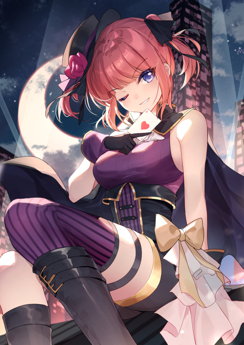 ace_(playing_card) ace_of_hearts bare_shoulders between_fingers bison_cangshu black_footwear black_gloves black_hat black_ribbon black_shorts blue_eyes boots breasts building card cloud crescent_moon female flower gloves go-toubun_no_hanayome hair_ribbon hand_up hat hat_flower heart highres holding holding_card knee_boots looking_at_viewer medium_breasts moon nakano_nino night night_sky one_eye_closed outdoors playing_card purple_flower purple_rose purple_shirt purple_thighhighs red_hair ribbon rose shirt shorts sideboob single_thighhigh sky skyscraper sleeveless sleeveless_shirt smile solo thighhighs thighhighs_under_boots tilted_headwear twintails