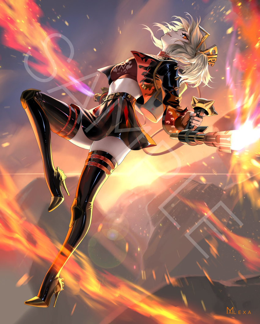 absurdres artist_logo black_jacket black_shirt black_skirt blonde_hair boots breasts burnice_white closed_mouth commentary dual_wielding female fire flame_print from_side full_body hashtag-only_commentary highres holding holding_flamethrower jacket large_breasts looking_at_viewer m_alexa medium_hair midriff orange_eyes sample_watermark shirt skirt smile solo thigh_boots thighs watermark zenless_zone_zero zettai_ryouiki