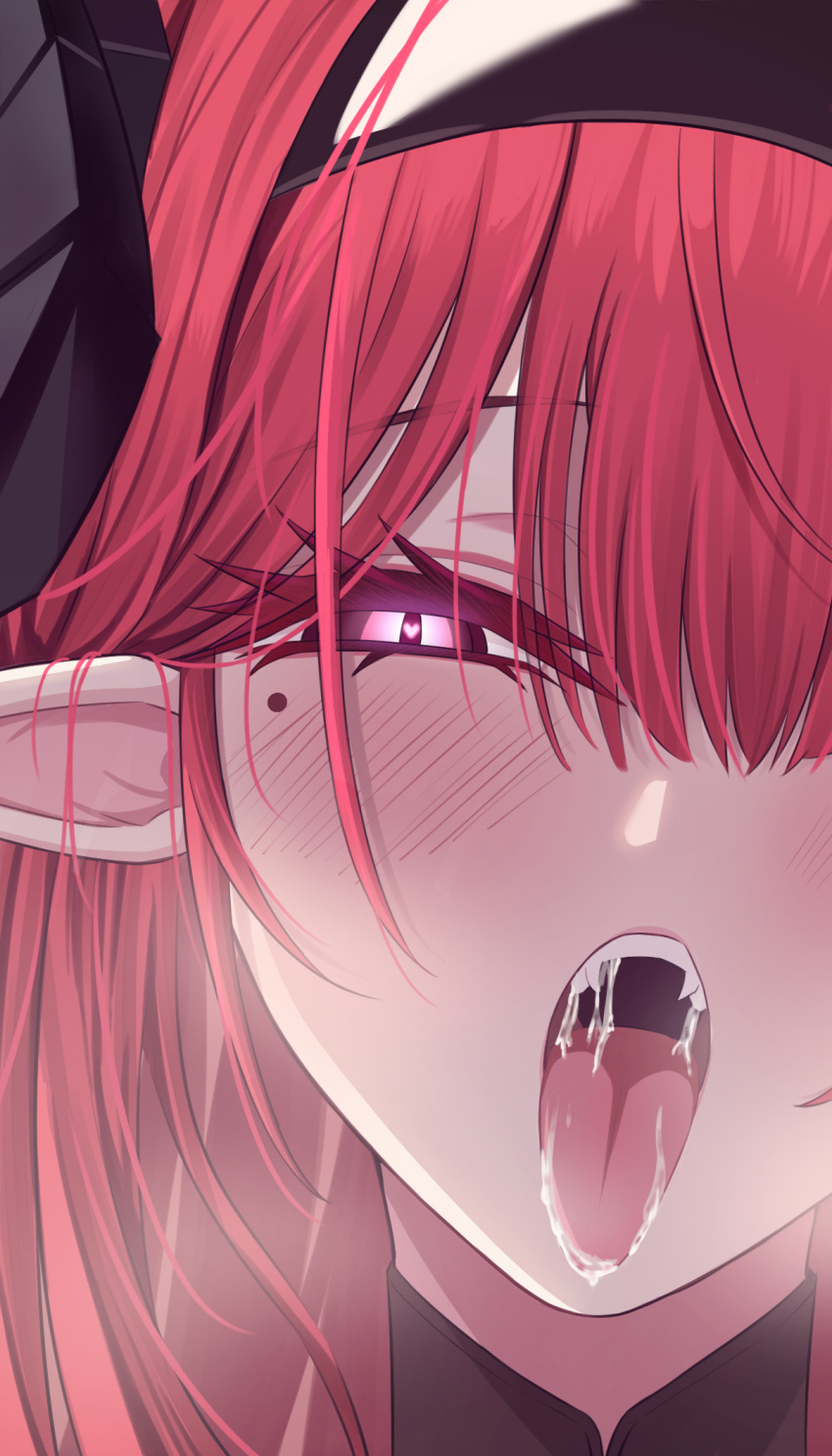 azur_lane blush close-up demon_girl female heart heart-shaped_pupils highres hindenburg_(azur_lane) kazam_fm looking_at_viewer mole mole_under_eye open_mouth pointy_ears red_hair saliva saliva_trail symbol-shaped_pupils tongue tongue_out