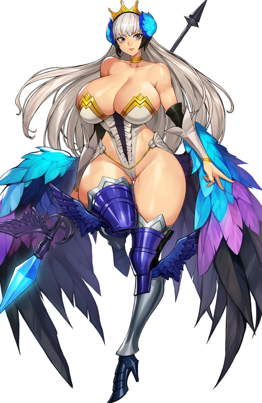 alternate_breast_size armor armored_dress bare_shoulders blue_eyes breasts choker crown detached_sleeves dress female grey_hair gurimjang gwendolyn_(odin_sphere) hair_ornament highres huge_breasts large_breasts leg_wings long_hair low_wings multicolored_wings multiple_wings odin_sphere polearm polearm_behind_back purple_eyes solo spear strapless strapless_dress thighhighs valkyrie vanillaware weapon white_hair wings