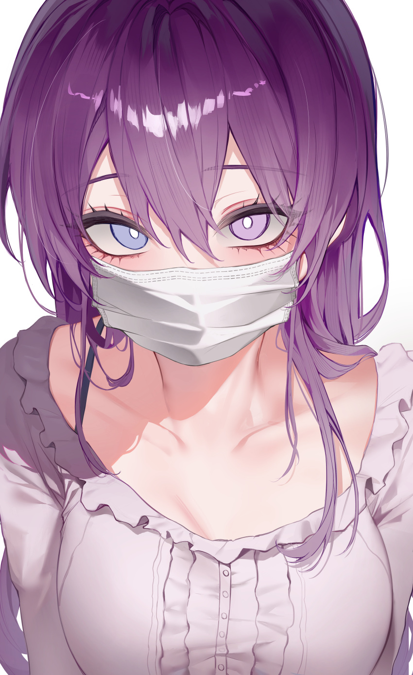 absurdres blue_eyes breasts bright_pupils collarbone commentary english_commentary female hair_between_eyes heterochromia highres large_breasts long_hair looking_at_viewer luxiel mask mouth_mask original paid_reward_available portrait purple_eyes purple_hair shirt simple_background solo white_background white_pupils white_shirt