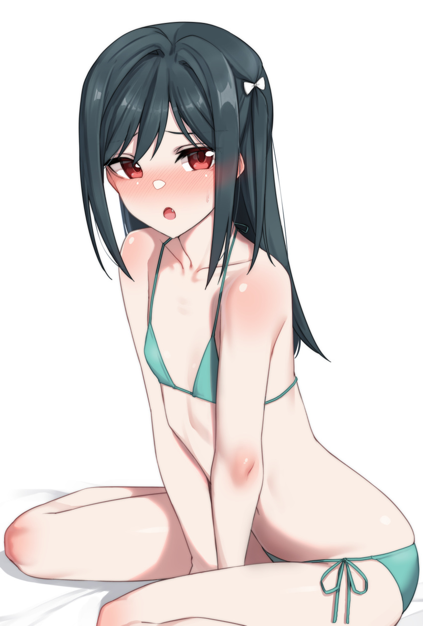 absurdres bare_shoulders between_legs bikini black_hair blush bow breasts female green_bikini hairbow hand_between_legs highres long_hair looking_at_viewer love_live! love_live!_nijigasaki_high_school_idol_club mifune_shioriko nasuno_(nasuno42) open_mouth red_eyes side-tie_bikini_bottom simple_background sitting small_breasts solo swimsuit wariza white_bow