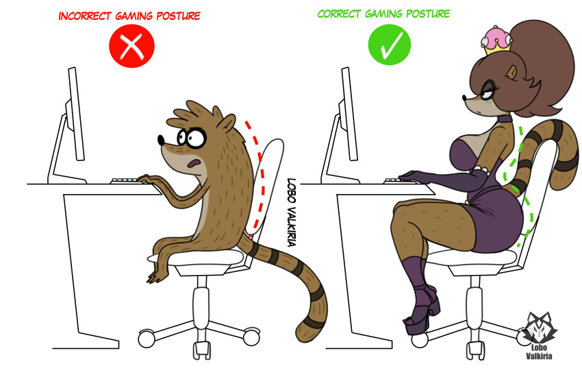 absurd_res anthro bare_shoulders big_breasts breasts cartoon_network chair clothing computer computer_keyboard correct_gaming_posture crown dress electronics english_text female furniture half-closed_eyes headgear hi_res lobovalkiria male mammal mario_bros meme mtf_crossgender narrowed_eyes nintendo procyonid purple_clothing purple_dress raccoon regular_show rigbette_(benson_dancing) rigby_(regular_show) rule_63 simple_background solo super_crown text white_background