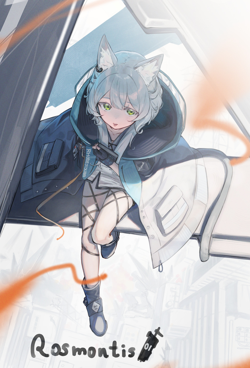 absurdres animal_ear_fluff animal_ears arknights black_gloves blue_footwear blue_jacket blurry boots character_name commentary_request depth_of_field female fingerless_gloves full_body gloves green_eyes grey_hair highres jacket looking_at_viewer looking_up rosmontis_(arknights) sitting solo tongue tongue_out uito_yzwa