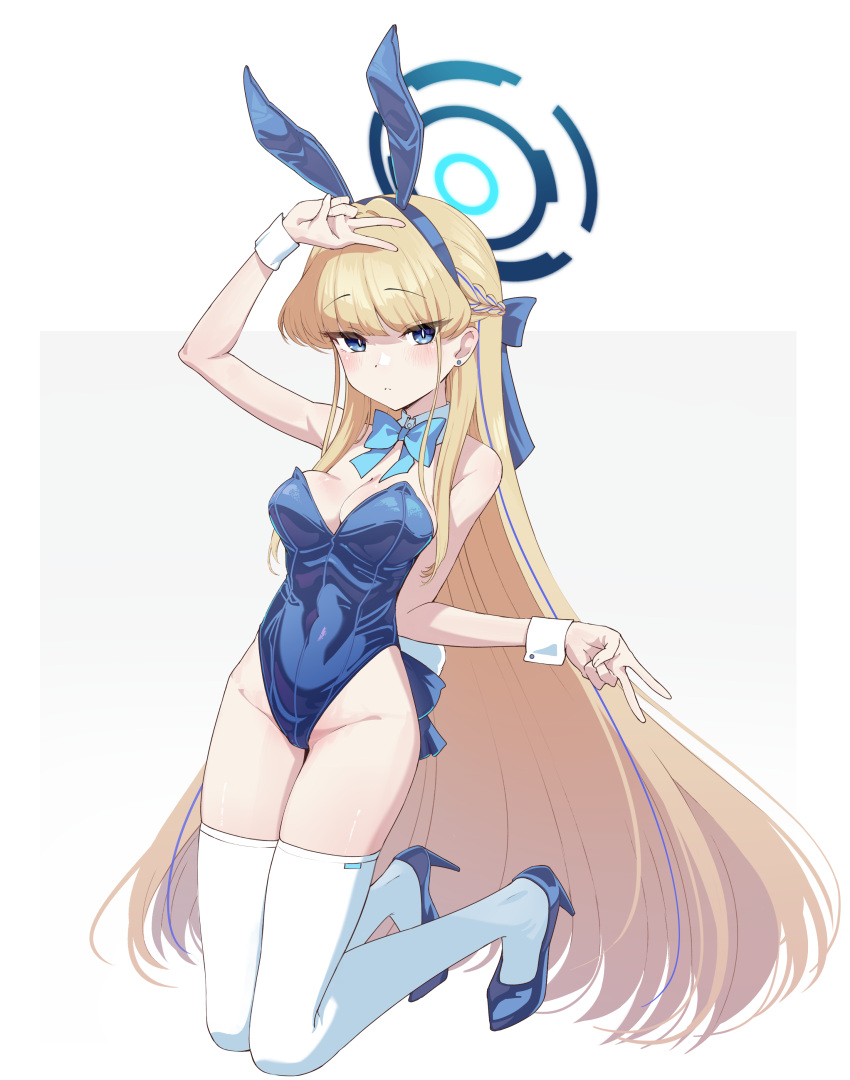 absurdres animal_ears bare_shoulders blonde_hair blue_archive blue_bow blue_bowtie blue_eyes blue_leotard blush bow bowtie breasts cleavage closed_mouth commentary_request covered_navel detached_collar double_v fake_animal_ears female full_body hair_ribbon hairband halo high_heels highleg highleg_leotard highres kneeling leotard liking long_hair looking_at_viewer medium_breasts official_alternate_costume playboy_bunny rabbit_ears rabbit_tail ribbon shoes simple_background solo strapless strapless_leotard tail thighhighs thighs toki_(blue_archive) toki_(bunny)_(blue_archive) v very_long_hair white_background wrist_cuffs