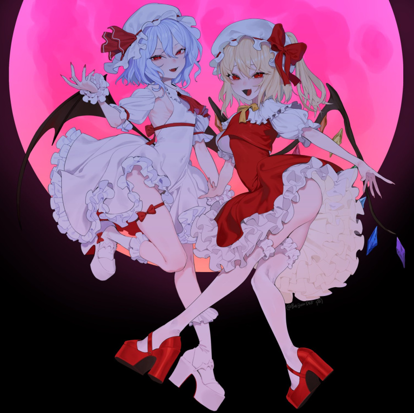 2girls :d ascot ass bat_wings beijuu blonde_hair blue_hair bow breasts covered_navel crystal dress embodiment_of_scarlet_devil fangs fingernails flandre_scarlet frilled_dress frilled_shirt_collar frilled_skirt frills full_moon hair_between_eyes hat hat_bow hat_ribbon high_heels highres kneehighs mary_janes medium_hair mob_cap moon multicolored_wings multiple_girls neck_ribbon oerba_yun_fang one_side_up open_mouth petticoat puffy_short_sleeves puffy_sleeves red_ascot red_bow red_dress red_eyes red_moon red_ribbon red_vest remilia_scarlet ribbon sharp_fingernails shoes short_sleeves siblings sideboob sisters skirt slit_pupils small_breasts smile socks standing thigh_strap thighhighs thighs touhou vampire vest white_dress white_socks white_thighhighs wings wrist_cuffs