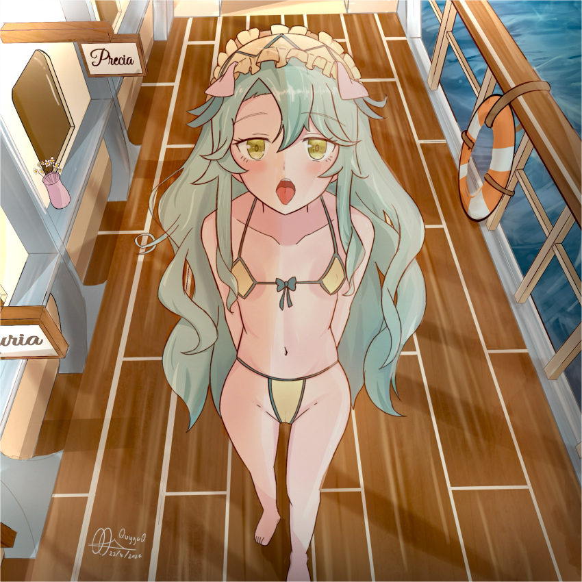 animal_ears artist_request bikini character_name collarbone female green_hair hairband highres lifebuoy lolita_hairband long_hair micro_bikini open_mouth pig_ears precia_(princess_connect!) princess_connect! signature string_bikini swim_ring swimsuit tongue wooden_floor yellow_bikini yellow_eyes