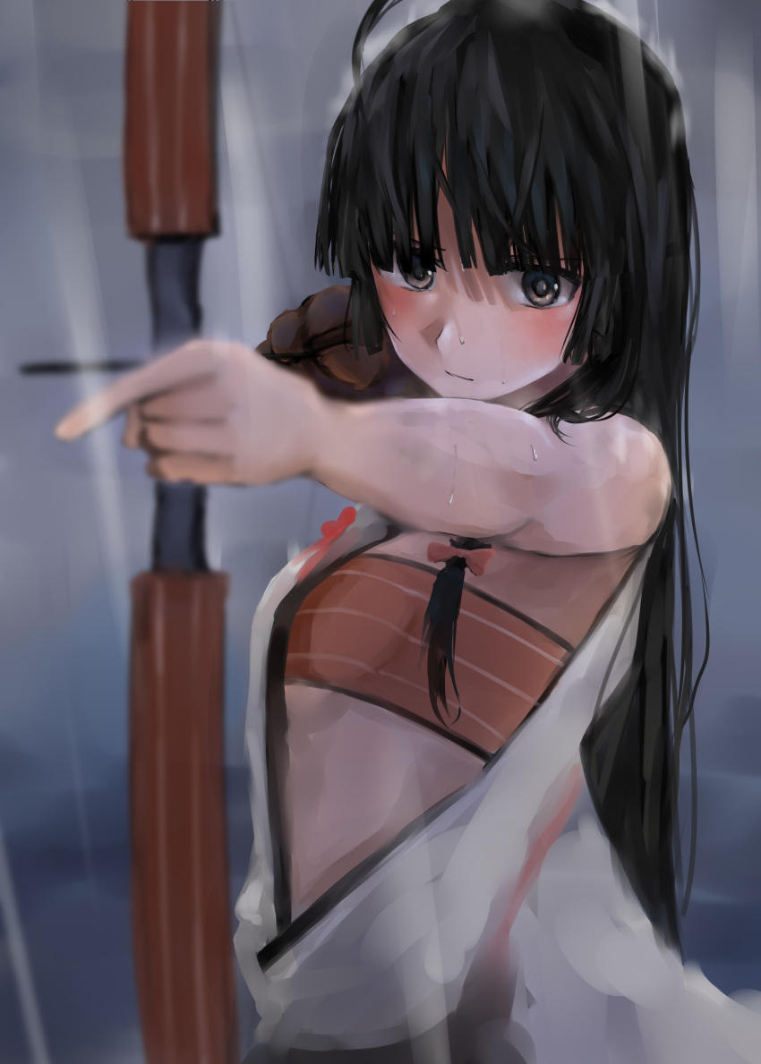 73suke absurdres aiming bandeau black_hair bow_(weapon) brown_bandeau brown_eyes brown_gloves commentary drawing_bow female flat_chest gloves hadanugi_dousa highres holding holding_bow_(weapon) holding_weapon japanese_clothes kantai_collection kimono long_hair open_clothes open_kimono partially_fingerless_gloves shouhou_(kancolle) single_glove solo upper_body weapon yugake