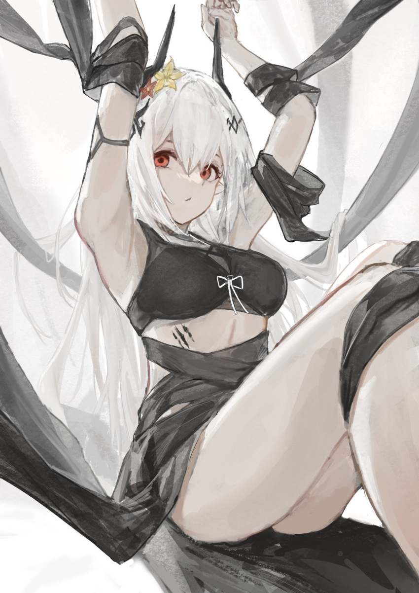 arknights armpits arms_up bikini black_bikini black_sarong breasts demon_horns feet_out_of_frame female flower hair_between_eyes hair_flower hair_ornament hashtag-only_commentary highres horns knees_up large_breasts long_hair looking_at_viewer material_growth mudrock_(arknights) mudrock_(silent_night)_(arknights) official_alternate_costume oripathy_lesion_(arknights) parted_lips pointy_ears qwq22565156 red_eyes red_flower ribbon sarong sitting solo swimsuit thighs white_hair white_ribbon yellow_flower