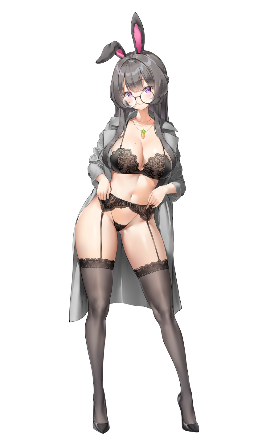 absurdres animal_ears black_bra black_footwear black_garter_belt black_hair black_panties black_thighhighs blush bra breasts carrot_necklace cleavage closed_mouth coat commentary commission contrapposto fake_animal_ears female full_body garter_belt glasses grey_coat highres jewelry keibeam large_breasts lingerie long_hair looking_at_viewer necklace open_clothes open_coat original panties pantyhose purple_eyes rabbit_ears round_eyewear simple_background smile solo standing thighhighs thighs tongue tongue_out underwear white_background