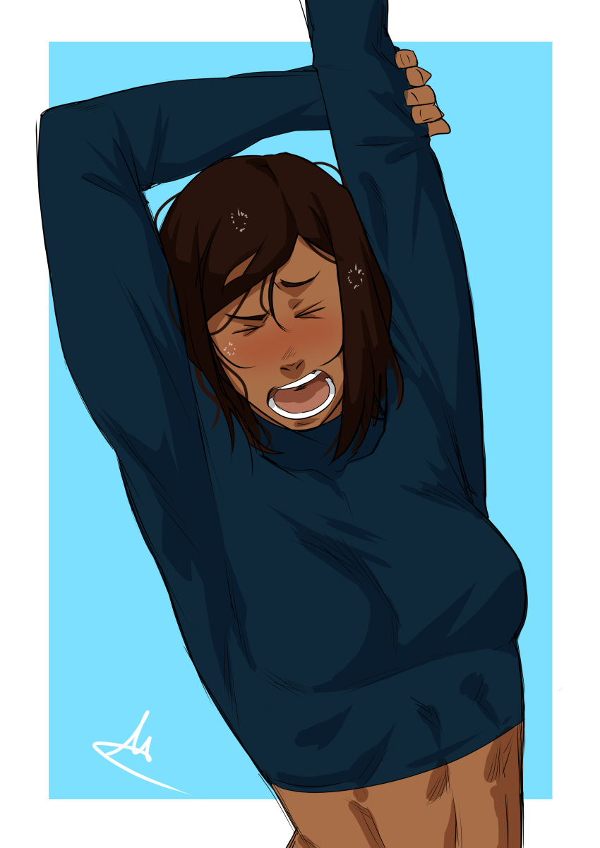 abs absurdres arms_up avatar_legends blue_background border breasts brown_hair commission dark-skinned_female dark_skin english_commentary female highres korra mastrocecchi open_mouth short_hair small_breasts solo stretching teeth the_legend_of_korra tongue upper_body white_border yawning