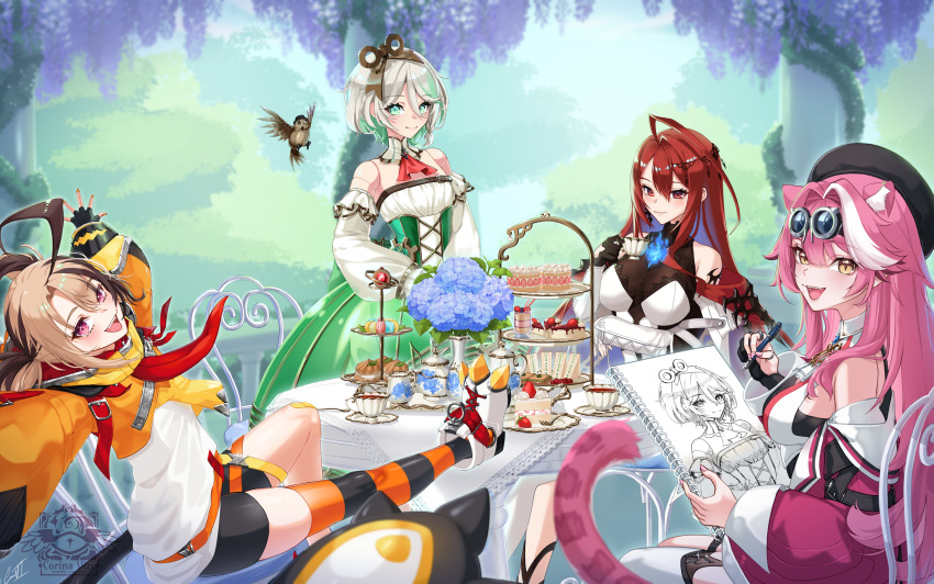 4girls absurdres ahoge animal_ear_fluff animal_ears artist_glove bandaid bandaid_on_knee bandaid_on_leg beret bike_shorts blue_flower breasts cake cecilia_immergreen cecilia_immergreen_(1st_costume) chair cleavage colored_inner_hair corina_vi cup detached_sleeves doll_joints drawing_(action) drawing_(object) dress elizabeth_rose_bloodflame elizabeth_rose_bloodflame_(1st_costume) fingerless_gloves flower food gigi_murin gigi_murin_(1st_costume) gloves goggles goggles_on_head green_eyes green_hair grey_hair hat highres holding holding_cup holding_pen holojustice hololive hololive_english hood huge_ahoge joints leg_up long_hair long_sleeves looking_at_viewer macaron multicolored_hair multiple_girls non-humanoid_robot on_chair open_mouth orange_thighhighs outdoors panther_ears panther_girl pen pink_eyes pink_hair raora_panthera raora_panthera_(1st_costume) red_eyes red_hair robot robot_animal robot_bird saucer see-through_cleavage see-through_clothes short_hair single_thighhigh sitting sleeveless sleeveless_dress smile strawberry_cake streaked_hair striped_clothes striped_thighhighs tail tea_set teacup teapot thighhighs virtual_youtuber winding_key zipper