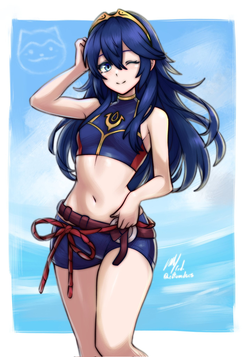 artist_name bare_shoulders blue_eyes blue_hair blush feet_out_of_frame female fire_emblem fire_emblem_awakening fire_emblem_cipher hair_between_eyes highres long_hair looking_at_viewer navel official_alternate_costume one_eye_closed rotomdocs smile solo sommie_(fire_emblem) swimsuit tiara very_long_hair