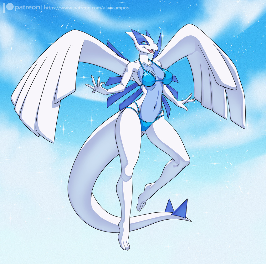 2024 alanscampos anthro bikini blue_bikini blue_body blue_clothing blue_eyes blue_swimwear breasts clothing collarbone feet female generation_2_pokemon hi_res legendary_pokemon lugia navel nintendo open_mouth pokemon pokemon_(species) solo sparkles swimwear two-piece_swimsuit white_body wings