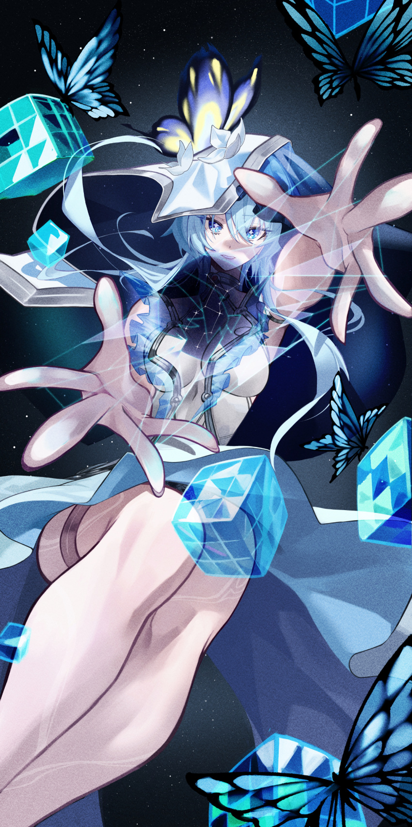 absurdres bare_legs blue_butterfly blue_hair blue_veil breasts bug butterfly commentary feet_out_of_frame female highres ino_(kzhu5545) large_breasts legs long_hair looking_at_viewer outstretched_arms parted_lips solo star-shaped_pupils star_(symbol) symbol-shaped_pupils the_shorekeeper_(wuthering_waves) two-tone_veil veil white_veil wuthering_waves