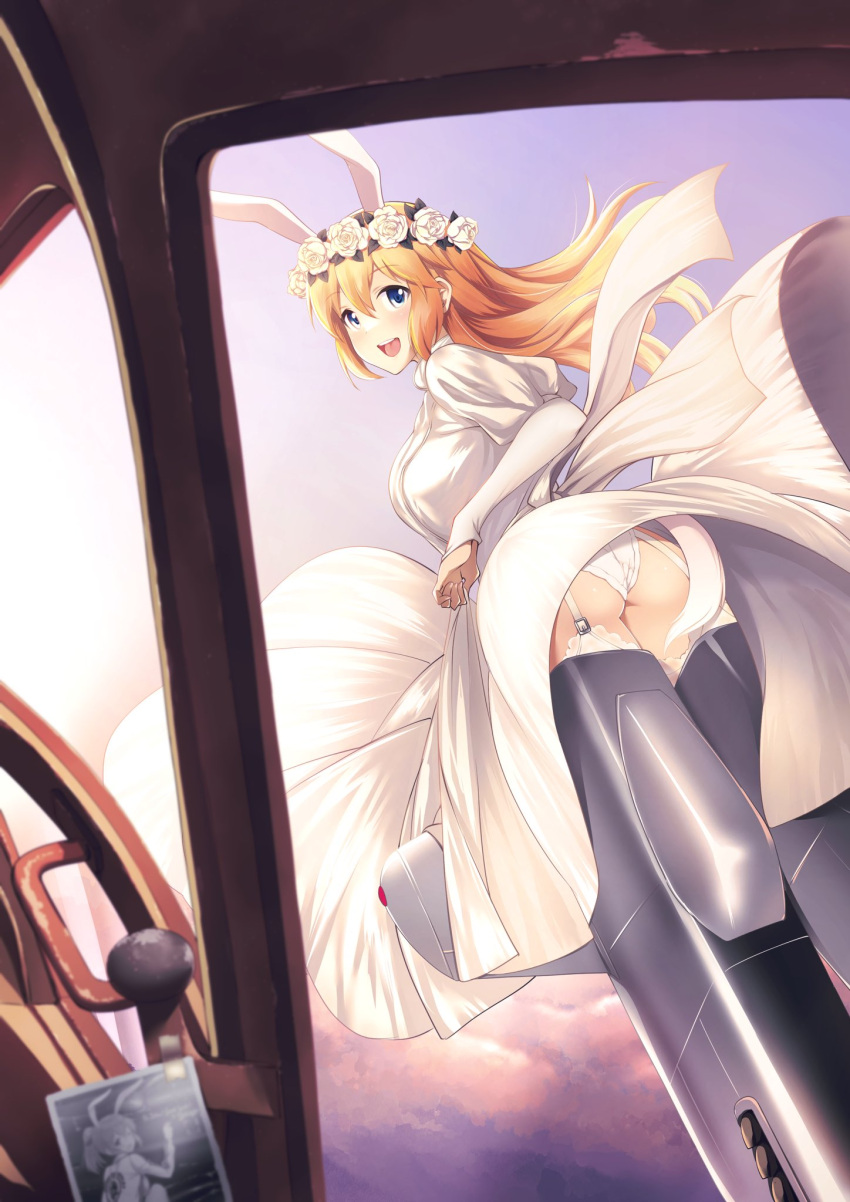 a9b_(louis814) airplane_interior ass blonde_hair blue_eyes blush breasts bride charlotte_e._yeager dress female flower flying garter_straps hair_flower hair_ornament highres large_breasts long_hair looking_at_viewer open_mouth panties sky smile solo strike_witches striker_unit underwear wedding_dress white_panties world_witches_series