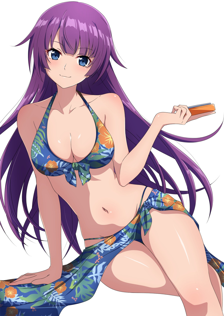 absurdres bare_shoulders bikini blue_eyes blunt_bangs blush breasts cleavage closed_mouth collarbone commentary_request cowboy_shot crossed_legs female floral_print front-tie_bikini_top front-tie_top groin hair_between_eyes highres large_breasts long_hair looking_at_viewer midriff monogatari_(series) navel nishizuki_shino print_bikini purple_hair sarong senjougahara_hitagi side-tie_bikini_bottom simple_background sitting smile solo stapler stationery stomach swimsuit very_long_hair white_background