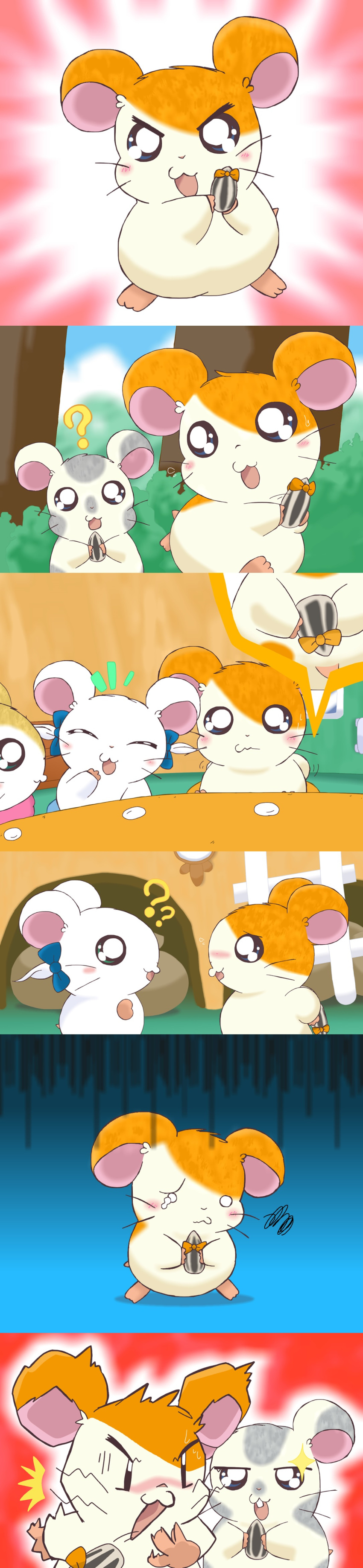 absurd_res accessory bijou_(hamtaro) blush bow_ribbon cricetid failure female gift gift_bow golden_hamster group hair_accessory hair_ribbon hairbow hamster hamtaro hamtaro_(series) hi_res holding_object long_image male male/female mammal namanama oxnard_(hamtaro) pashmina_(hamtaro) question_mark ribbons rodent scarf sparkles sparkling_eyes sunflower_seed tall_image twin_bows twin_hair_bows