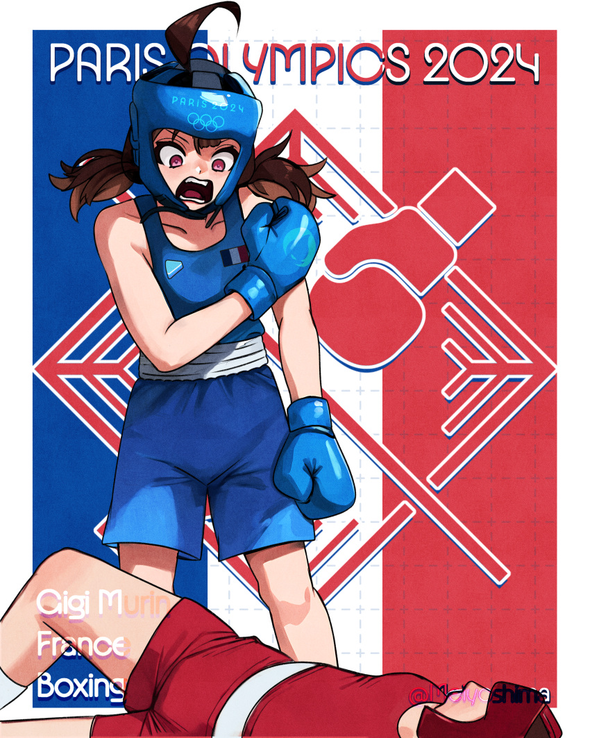 1other 2024 2024_summer_olympics absurdres ahoge alternate_costume blue_shirt blue_shorts boxing boxing_gloves boxing_headgear brown_hair collarbone english_commentary faceless female france frown gigi_murin highres hololive hololive_english lying meiyoshima multicolored_hair olympics open_mouth pink_eyes screaming shirt short_hair shorts standing tank_top two-tone_hair two_side_up virtual_youtuber