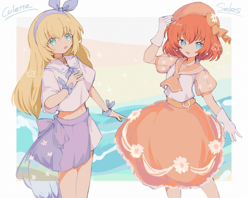 2girls :o alternate_costume blonde_hair blue_bow blue_eyes blue_hairband border bow bow_hairband colette_brunel commentary_request gloves hairband haruaki_023 highres medium_hair multiple_girls outside_border red_hair seles_wilder sparkle standing tales_of_(series) tales_of_symphonia white_border white_gloves wrist_bow