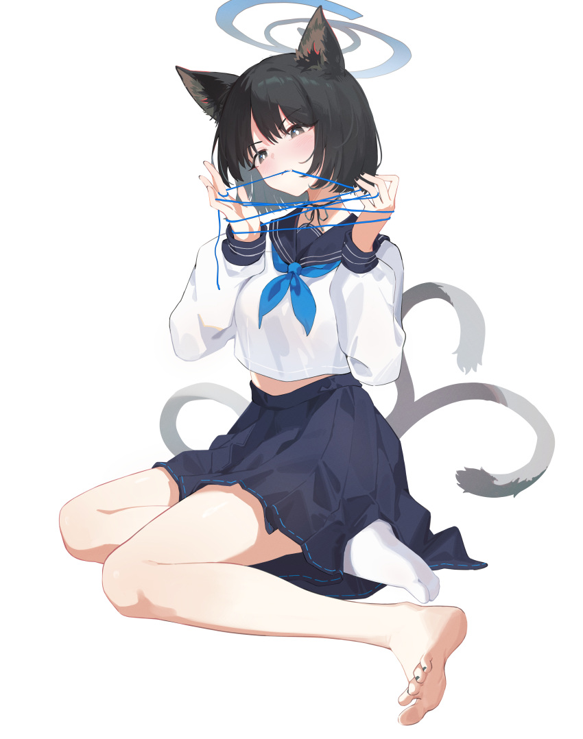 absurdres animal_ears barefoot black_hair black_sailor_collar blue_archive blue_halo blue_neckerchief cat's_cradle cat_ears cat_girl feet feline female halo highres kikyou_(blue_archive) legs long_sleeves multiple_tails nail_polish neckerchief sailor_collar school_uniform serafuku shirt short_hair simple_background sitting soles solo tail toenail_polish toenails toes white_background white_shirt zhuozhuozhuo