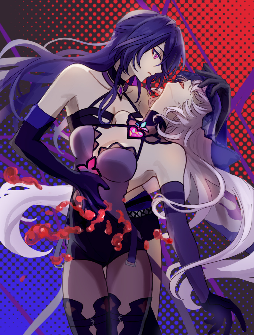 2girls absurdres acheron_(honkai:_star_rail) bare_shoulders black_choker black_gloves black_swan_(honkai:_star_rail) blood boots breasts choker detached_sleeves dotted_background gloves grabbing_from_behind hand_on_another's_head head_on_another's_stomach highres honkai:_star_rail honkai_(series) kuron_xi long_hair multiple_girls open_mouth pantyhose pink_hair profile purple_eyes purple_hair purple_veil single_detached_sleeve thigh_boots two-tone_background yuri