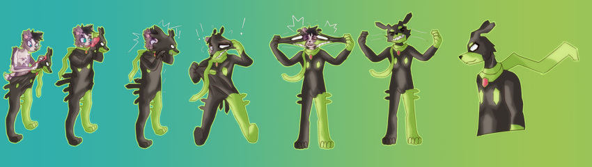 after_transformation anthro canid canine clothing crumbleumble generation_7_pokemon goo_transformation humanoid legendary_pokemon male mammal mid_transformation nintendo pokemon pokemon_(species) solo stretching suit suit_transformation transformation transformation_sequence zygarde zygarde_10_forme