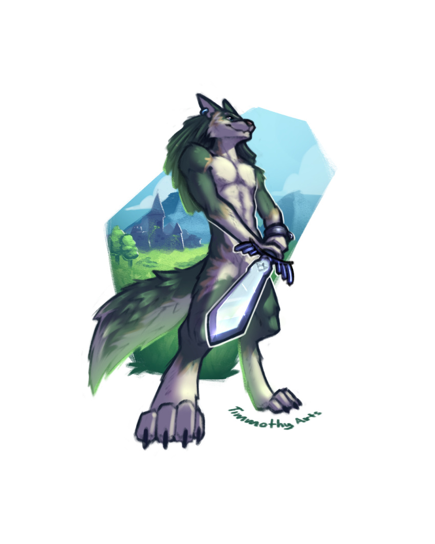 4:5 anthro blue_eyes canid canine canis closed_smile ear_piercing ear_ring featureless_crotch full-length_portrait fur green_body green_fur hi_res holding_melee_weapon holding_object holding_sword holding_weapon male mammal melee_weapon mouth_closed nintendo nude piercing portrait ring_piercing signature smile solo standing sword the_legend_of_zelda timmothy_arts weapon white_body white_fur wolf wolf_link