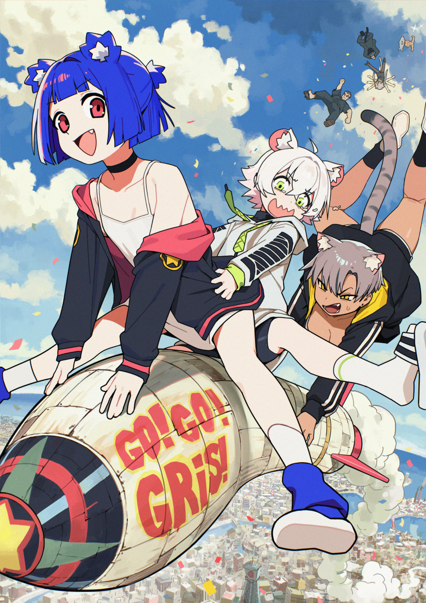 2boys 4girls absurdres angry animal_ears bear_ears bear_girl black_jacket blue_hair blue_sky breasts brown_fur brown_hair cat_ears cat_girl cat_tail city cleavage cloud cloudy_sky confetti day english_commentary falling flailing frown green_eyes gris_(vertigris) highres hood hoodie jacket kara_(vertigris) large_breasts looking_at_viewer midair mouse_ears mouse_girl mouse_tail multiple_boys multiple_girls original outdoors perl_(vertigris) red_eyes rocket_ship scared shirt sky smile spacecraft tail tank_top vertigris viska_(vertigris) white_hair white_hoodie white_shirt yellow_eyes