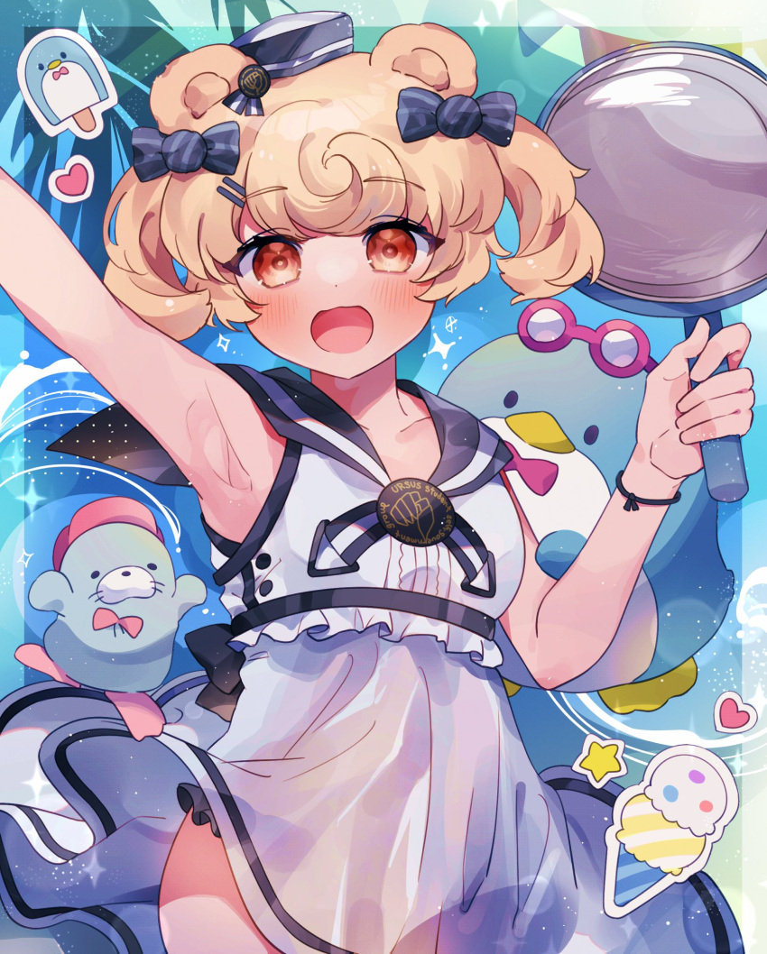 animal_ears arknights arm_up bear_ears bikini bird black_bikini blonde_hair blue_bow blue_sky bow commentary dress eyewear_on_head food frilled_bikini frills frying_pan gummy_(arknights) gummy_(summer_flowers)_(arknights) hairbow hat heart highres holding holding_frying_pan ice_cream leaf looking_at_viewer mini_hat open_mouth orange_eyes outdoors outline penguin popsicle sailor_dress sailor_hat sanrio short_hair sky smile star_(symbol) string_of_flags swimsuit takumi_mizuki tuxedo_sam two_side_up white_dress