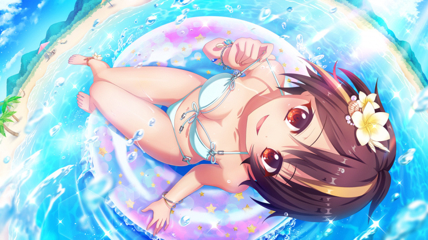 ankle_flower anklet bandou_mikuru barefoot beach beach_umbrella bead_bracelet beads bikini blonde_hair blue_gemstone blue_sky bracelet breasts brown_hair chair cleavage cloud collarbone day dot_nose female film_grain fisheye flower from_above front-tie_bikini_top front-tie_top game_cg gem hair_flower hair_ornament izumi_tsubasu jewelry lens_flare looking_at_viewer lounge_chair medium_breasts mountainous_horizon multicolored_hair navel non-circular_lens_flare non-web_source ocean official_art on_innertube open_mouth outdoors palm_tree print_innertube re:stage! red_eyes seashell shell shell_hair_ornament short_hair sitting sky smile solo sparkle star_(symbol) star_print strap_pull streaked_hair string_bikini sunlight swimsuit tree two-tone_hair umbrella water_drop white_bikini yellow_flower