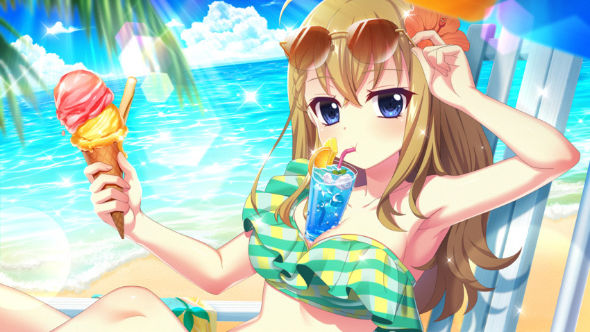 :t adjusting_eyewear ahoge arm_up armpits beach between_breasts bikini blonde_hair blue_eyes blue_sky blurry blurry_foreground braid breasts bubble_tea_challenge chair cleavage cloud collarbone cup day double_scoop drink drinking drinking_glass drinking_straw dutch_angle eyewear_on_head female film_grain flower food frilled_bikini frills fruit furumi_chie game_cg green_bikini hair_flower hair_ornament hand_on_eyewear hibiscus holding holding_ice_cream_cone horizon ice ice_cream ice_cream_cone ice_cube izumi_tsubasu large_breasts lens_flare long_hair looking_at_viewer lounge_chair melting non-circular_lens_flare non-web_source ocean official_art orange_(fruit) orange_flower orange_slice outdoors palm_tree pineapple pineapple_slice re:stage! reclining single_bare_shoulder single_braid sky solo sparkle striped_bikini striped_clothes sunglasses sunlight swimsuit tinted_eyewear tree