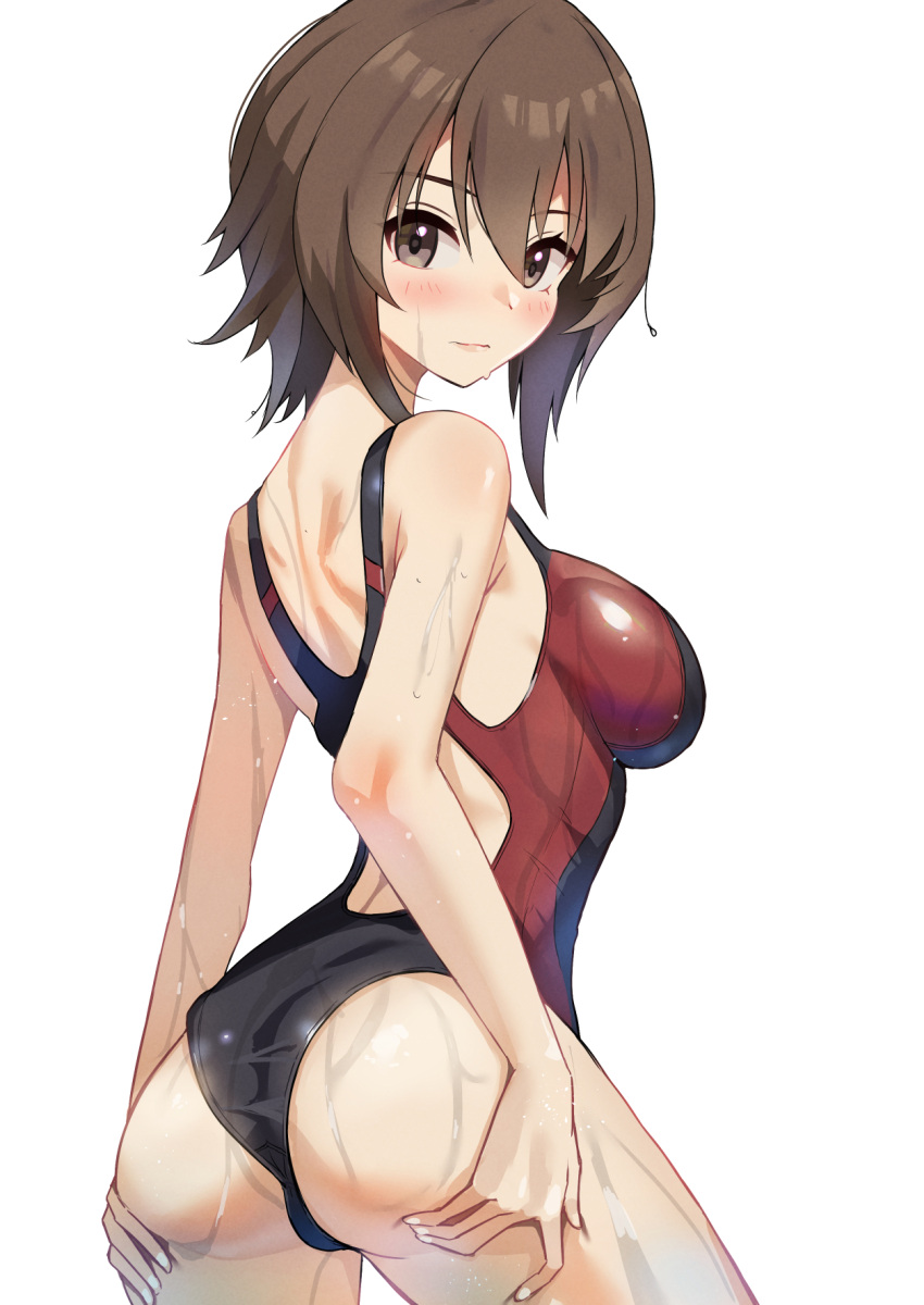 ass back_cutout black_one-piece_swimsuit blaze_(blazeillust) blush breasts brown_eyes brown_hair closed_mouth clothing_cutout competition_swimsuit cowboy_shot female from_behind girls_und_panzer grabbing_own_ass highres looking_at_viewer looking_back medium_breasts nishizumi_maho one-piece_swimsuit red_one-piece_swimsuit short_hair simple_background solo standing swimsuit two-tone_one-piece_swimsuit wet white_background