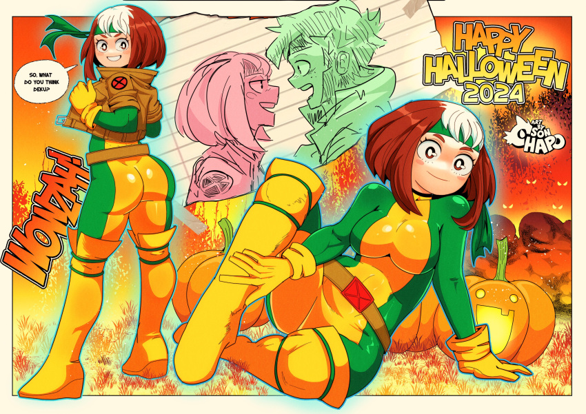 1boy absurdres ass bodysuit boku_no_hero_academia boots breasts brown_eyes brown_hair brown_jacket closed_mouth cosplay cropped_jacket english_text female gambit gambit_(cosplay) gloves green_bodysuit green_headband headband highres jack-o'-lantern jacket marvel medium_breasts midoriya_izuku multicolored_hair multiple_views rogue_(x-men) smile sonchapo speech_bubble superhero_costume thigh_boots two-tone_bodysuit two-tone_hair uraraka_ochako white_hair x-men yellow_bodysuit yellow_gloves