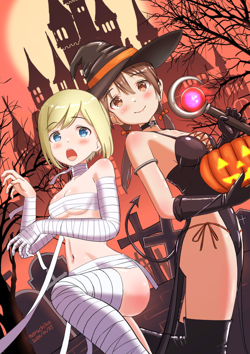 2girls bandages black_leotard black_thighhighs blonde_hair blue_eyes blush breasts brown_eyes brown_hair choker cleavage closed_mouth demon_tail erica_hartmann fake_tail gertrud_barkhorn halloween halloween_costume hat highres jack-o'-lantern large_breasts leotard long_hair looking_at_viewer multiple_girls mummy_costume naruchisukisuki navel open_mouth panties short_hair side-tie_panties small_breasts strike_witches tail thighhighs twintails underwear wand witch witch_hat world_witches_series