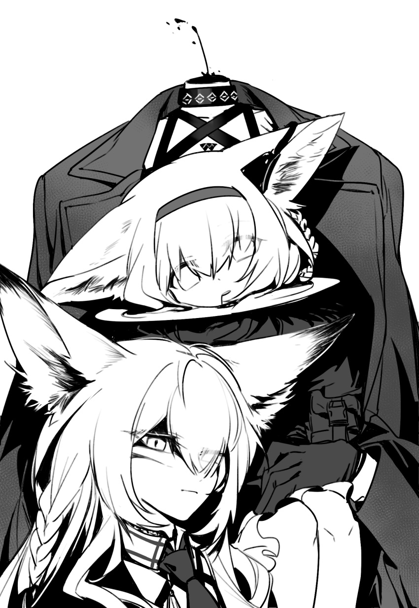 2girls animal_ears arknights blood blood_from_mouth blood_spray braid braided_hair_rings carrying coat coat_on_shoulders decapitation empty_eyes fox_ears gloves greyscale hair_rings hairband highres holding holding_tray long_hair monochrome multiple_girls mush necktie scar scar_on_cheek scar_on_face shoulder_carry suzuran_(arknights) tray vulpisfoglia_(arknights)