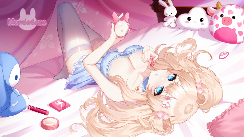 absurdres applying_makeup babydoll blonde_hair blondedaze blue_babydoll blue_eyes breasts character_name cleavage female hair_ornament hand_mirror highres holding holding_mirror indie_virtual_youtuber jewelry long_hair lying mirror necklace on_back on_bed pillow rabbit_hair_ornament sakotach stuffed_animal stuffed_cow stuffed_rabbit stuffed_toy thighhighs virtual_youtuber