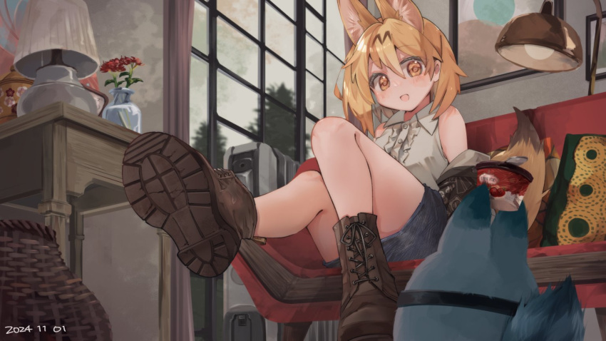 alternate_costume bare_shoulders blonde_hair blush boots brown_footwear casual center_frills collared_shirt couch denim denim_skirt extra_ears female food frills from_below hair_between_eyes ice_cream kemono_friends lucky_beast_(kemono_friends) nanana_(nanana_iz) open_mouth serval_(kemono_friends) shirt short_hair sidelocks sitting skirt sleeveless white_shirt yellow_eyes