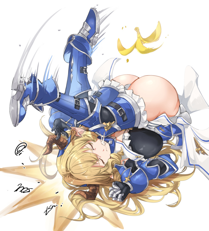 armor ass banana banana_peel blonde_hair blue_footwear boots breasts character_request clenched_hand fallen_down female food frilled_shirt frills fruit granblue_fantasy highres horns large_breasts long_hair motion_lines nos_(nos_tsn) pain panties shirt star_(symbol) thighhighs underwear upside-down white_panties