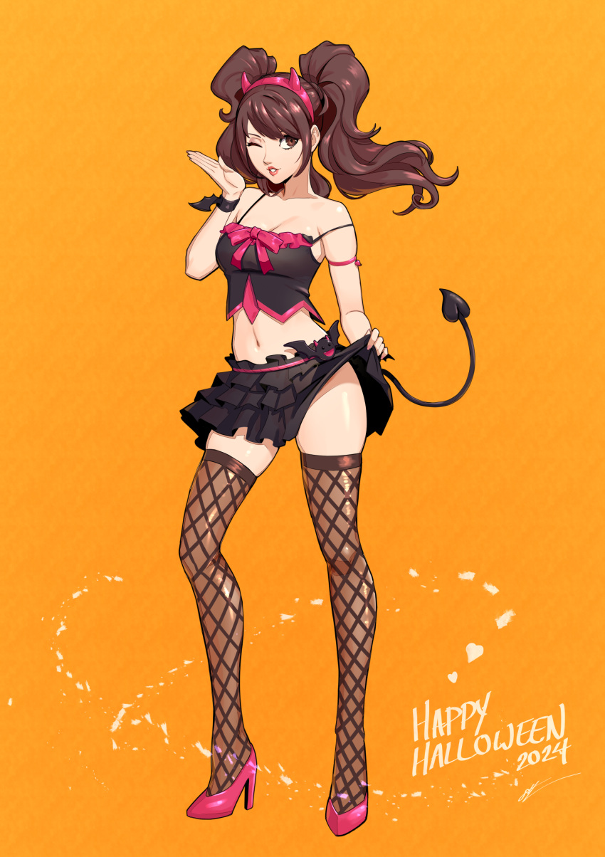 2024 black_skirt bow brown_eyes brown_hair camisole crop_top demon_tail eightyfourart fake_tail female flower full_body hairband happy_halloween high_heels highres horn_hairband kujikawa_rise long_hair looking_at_viewer midriff miniskirt navel one_eye_closed orange_background parted_lips persona persona_4 pink_flower red_bow red_hairband simple_background skirt solo spaghetti_strap standing stomach strap_slip tail thighhighs thighs twintails