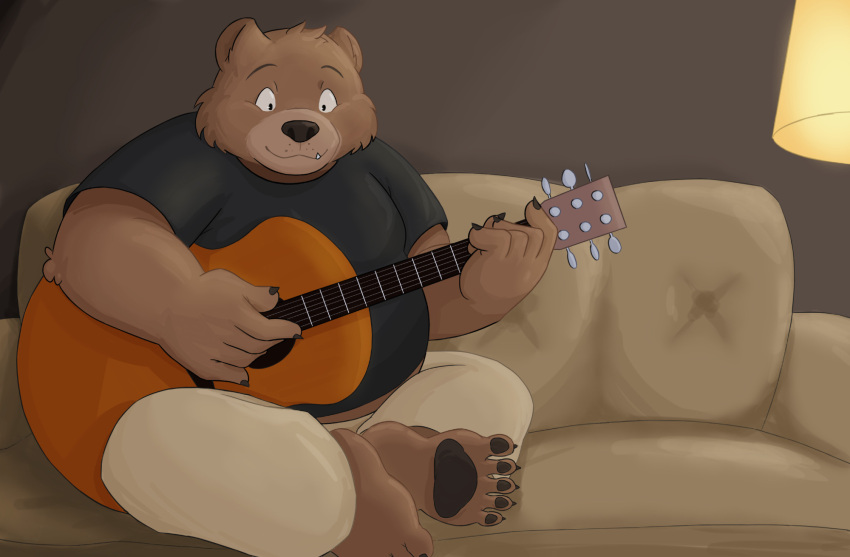 2024 anthro barefoot bear belly black_clothing black_shirt black_topwear bottomwear brown_body brown_fur clothing cute_fangs feet fur furniture guitar hi_res huydogge inside living_room male mammal musical_instrument on_sofa overweight overweight_male pants pawpads playing_guitar playing_music plucked_string_instrument shirt sitting sitting_on_sofa smile sofa solo string_instrument topwear