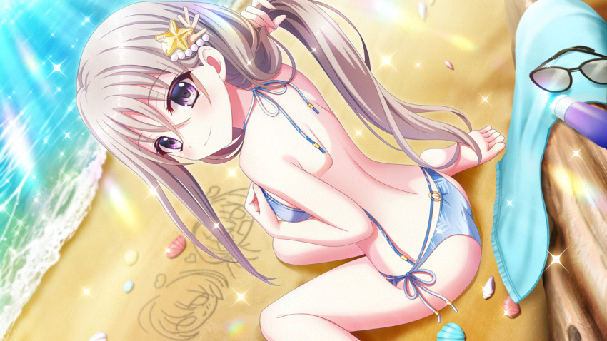 asahi_hina ass back bare_back beach bikini blue_bikini coral_hair_ornament day dutch_angle female film_grain from_above from_behind game_cg grabbing_own_hair hair_between_eyes hand_on_own_chest izumi_tsubasu light_brown_hair long_hair looking_at_viewer looking_back lotion_bottle nakano_rinka non-web_source ocean official_art outdoors pearl_hair_ornament print_bikini purple_hair re:stage! sakura_miu seashell shell shoulder_blades side-tie_bikini_bottom sitting smile solo sparkle starfish_hair_ornament sunglasses sunlight swimsuit towel untied_bikini_top unworn_eyewear very_long_hair wariza