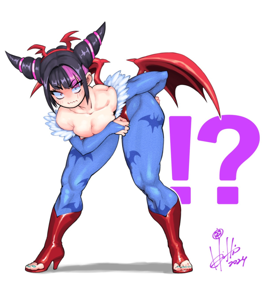 ! ? animal_print bat_print bent_over blue_nails blue_panties breasts bridal_gauntlets calves cleavage cosplay covering_breasts covering_privates embarrassed hairband hand_on_own_hip headband high_heels highres hori_shin juri_han leotard lilith_(darkstalkers) lilith_(darkstalkers)_(cosplay) multicolored_hair muscular muscular_female nail_polish panties pantyhose red_headband red_leotard signature thick_thighs thighs toeless_footwear toenail_polish toenails toes underwear wide-eyed winged_hairband wings