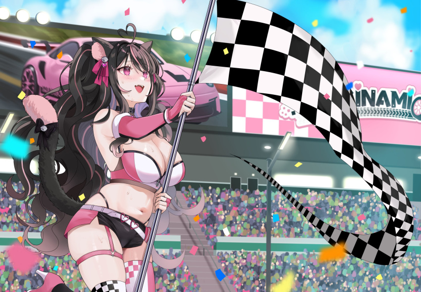 animal_ear_fluff animal_ears bell belt belt_collar black_belt black_hair black_skirt black_thighhighs breasts bridal_gauntlets checkered_flag checkered_thighhighs cleavage cloud collar commission confetti fangs female flag hair_bell hair_ornament heart high_heels highres holding holding_flag indie_virtual_youtuber large_breasts long_hair may_nakasaki midriff miniskirt multicolored_hair multicolored_thighhighs navel nikkinyami_(vtuber) open_mouth pink_bridal_gauntlets pink_eyes pink_footwear pink_hair pink_ribbon pink_skirt pink_thighhighs race_queen ribbon skirt sky streaked_hair sweat tail thighhighs two-tone_skirt vgen_commission virtual_youtuber white_belt white_skirt white_thighhighs