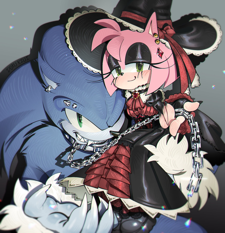 1boy amy_rose black_eyeshadow chain_leash chains claws dokukiui dress earrings eyebrow_piercing eyeshadow female gothic_lolita green_eyes hat highres jewelry leash lolita_fashion long_eyelashes looking_at_viewer makeup piercing smile sonic_(series) sonic_the_hedgehog sonic_the_werehog witch_hat